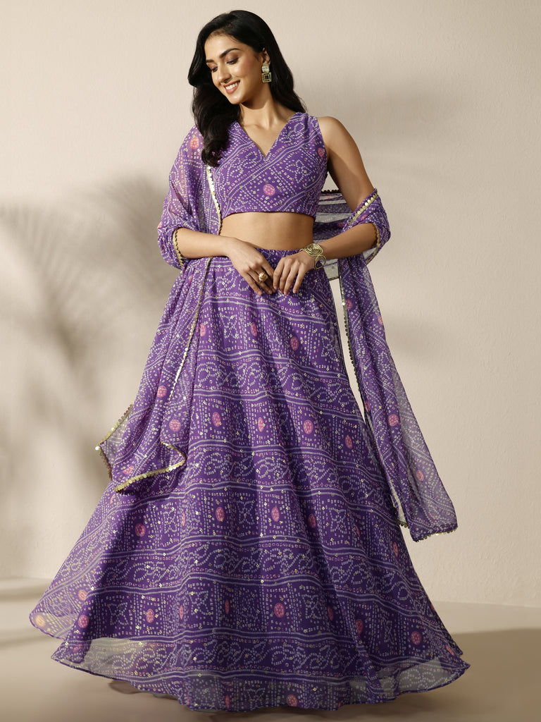 Libas Purple Bandhani Printed Silk Chiffon Lehenga Set