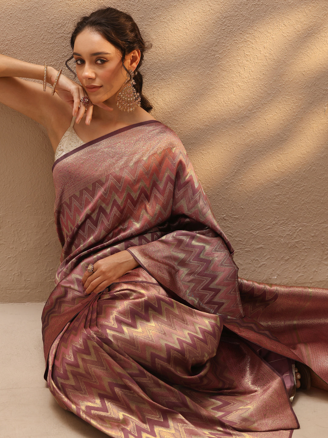  Purple Chevron Woven Design Silk Blend Saree With Unstitched Blouse Piece 