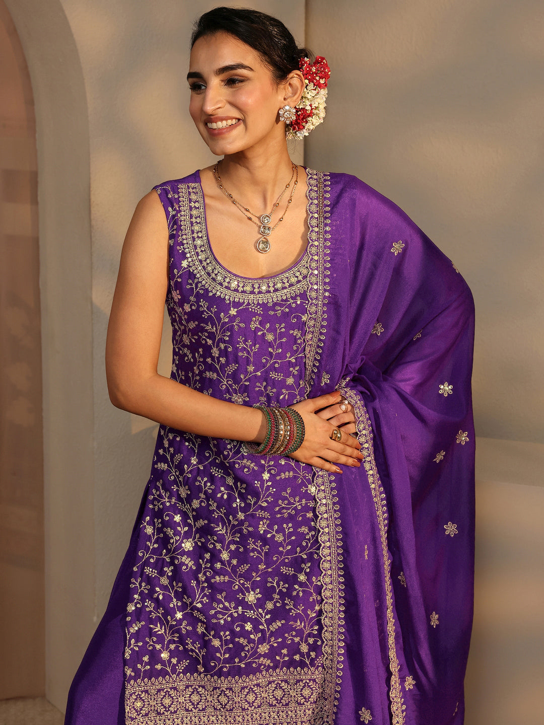 Purple Embellished Chinon Palazzo Suit Set With Dupatta