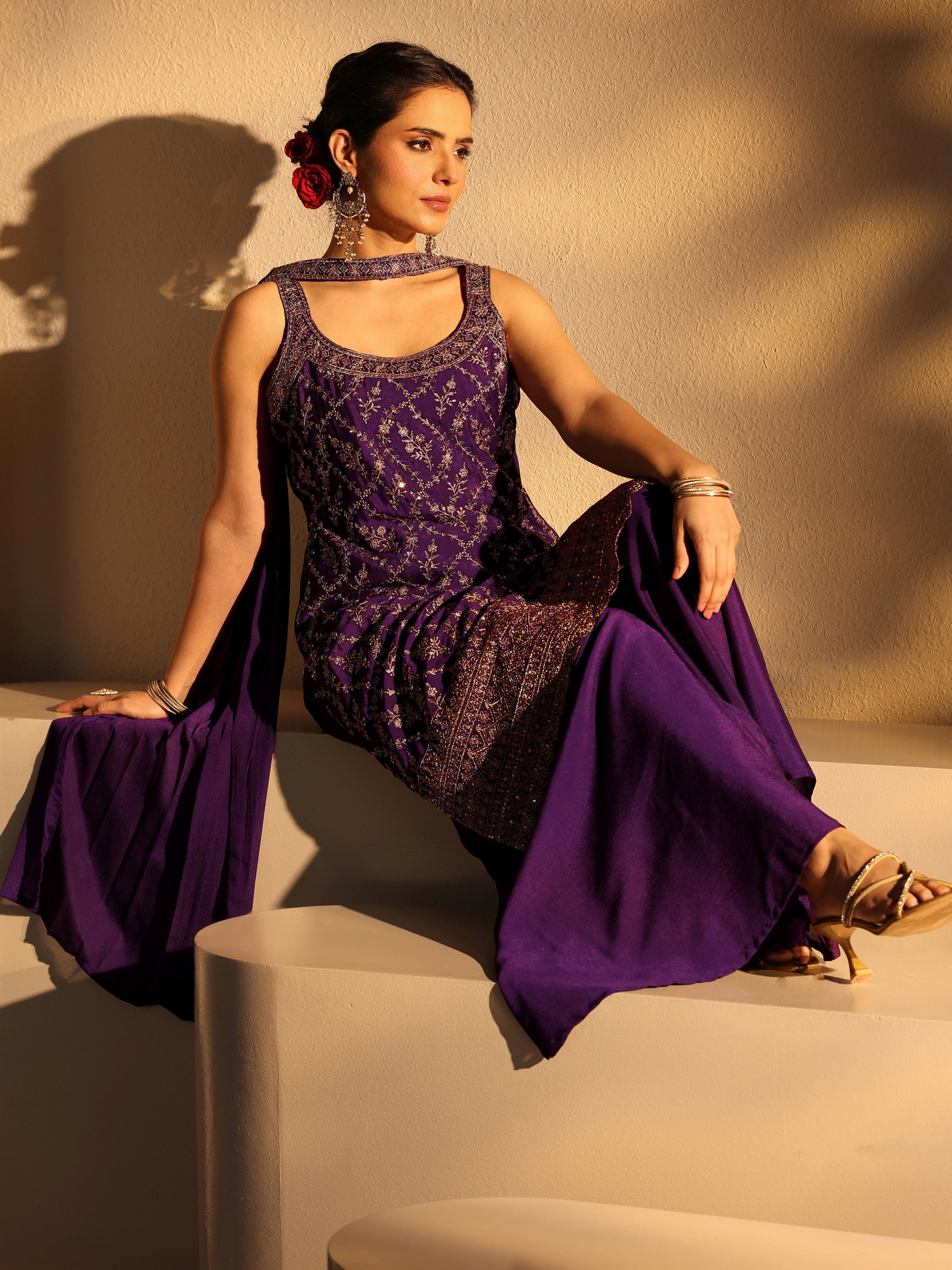 Purple Embellished Chinon Palazzo Suit Set With Dupatta-image-20