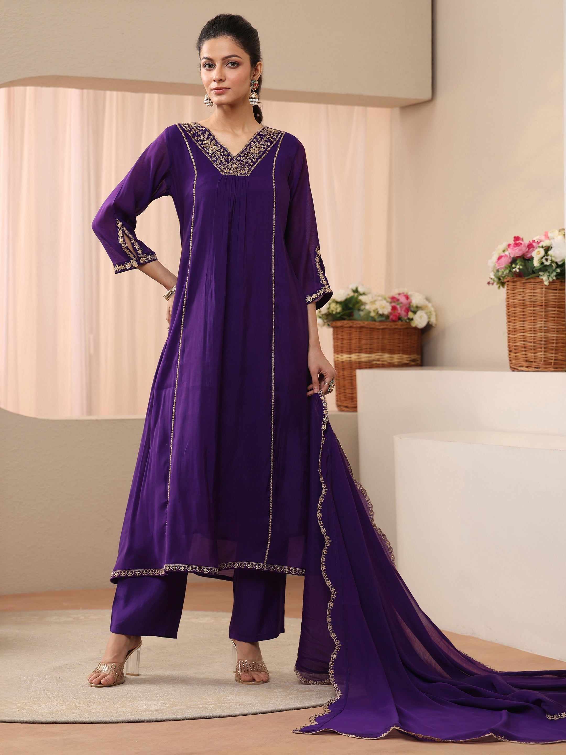Purple Embellished Silk Blend A-Line Suit Set-image-31