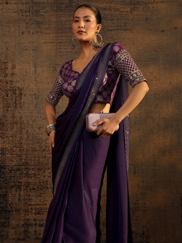 Purple Embellished Silk Blend Saree With Unstitched Blouse Piece
