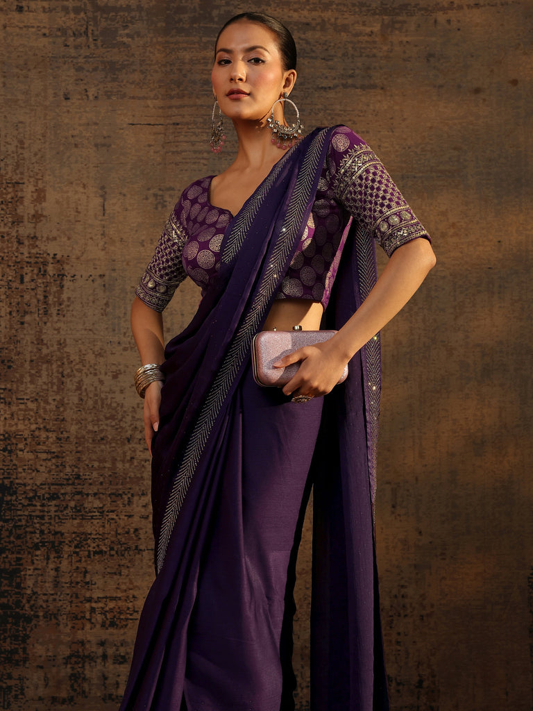 Libas Purple Embellished Silk Blend Saree With Unstitched Blouse Piece