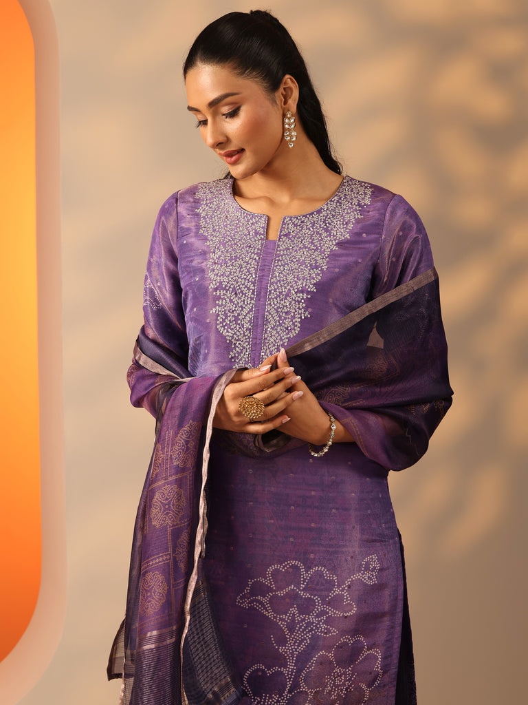 Libas Purple Embellished Silk Blend Straight Suit Set With Dupatta