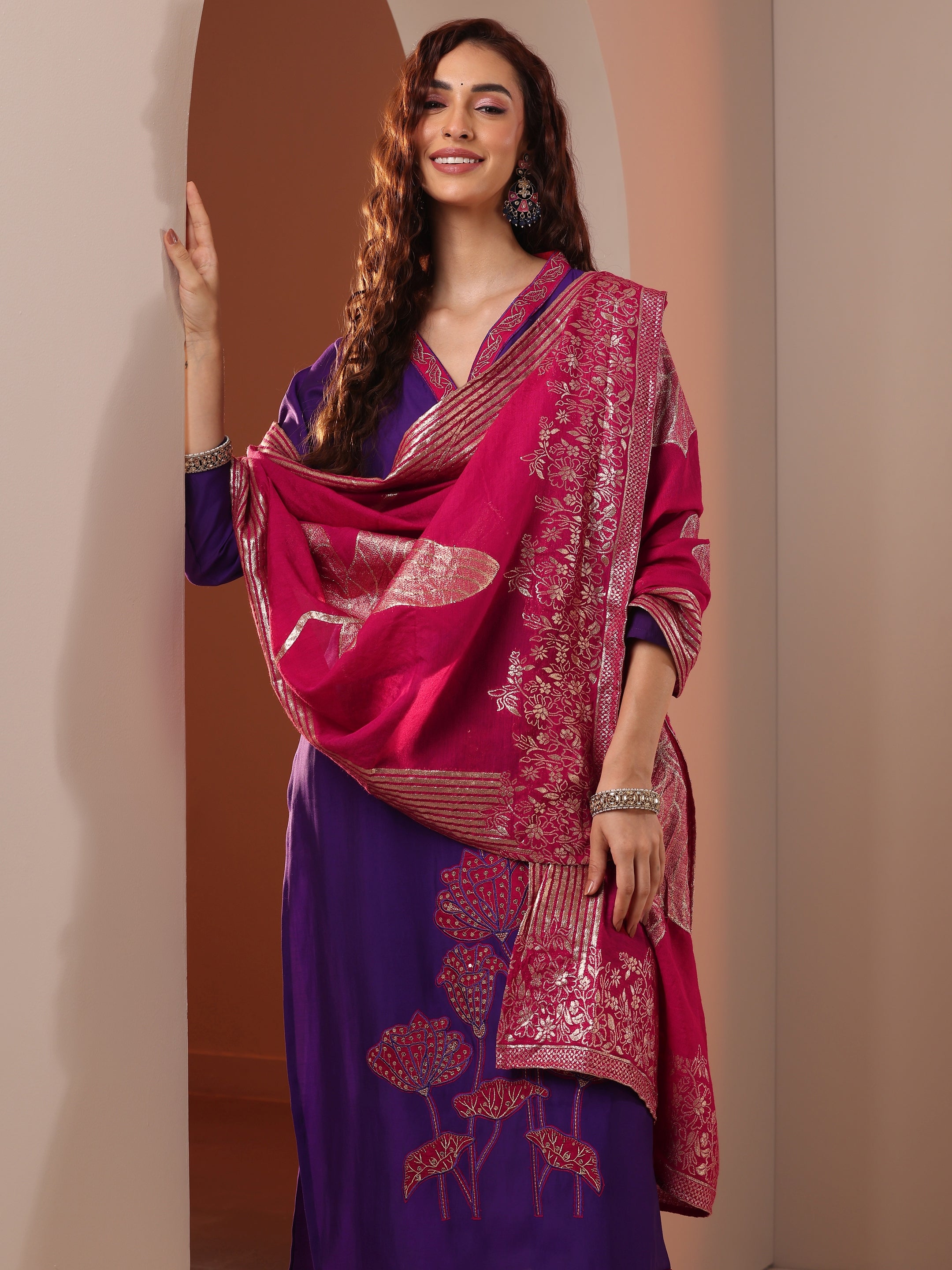 Purple Embellished Silk Blend Straight Suit Set With Dupatta-image-4