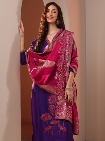 Purple Embellished Silk Blend Straight Suit Set With Dupatta