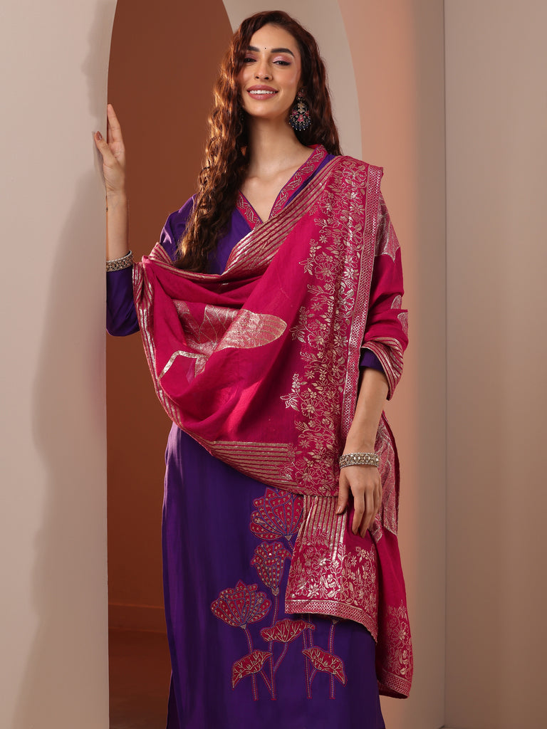 Libas Purple Embellished Silk Blend Straight Suit Set With Dupatta