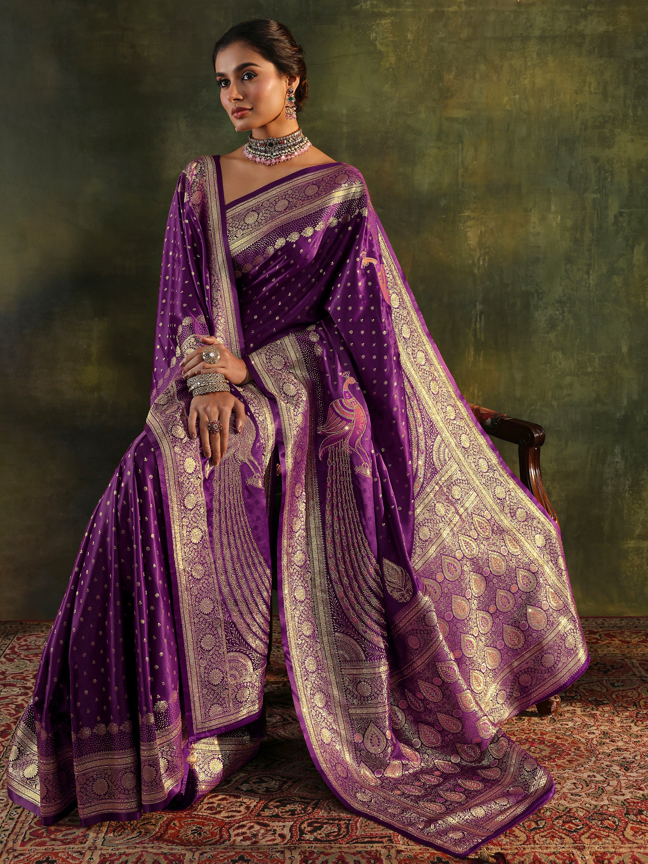 Purple Embellished Silk Saree With Unstitched Blouse And Dupatta-image-32