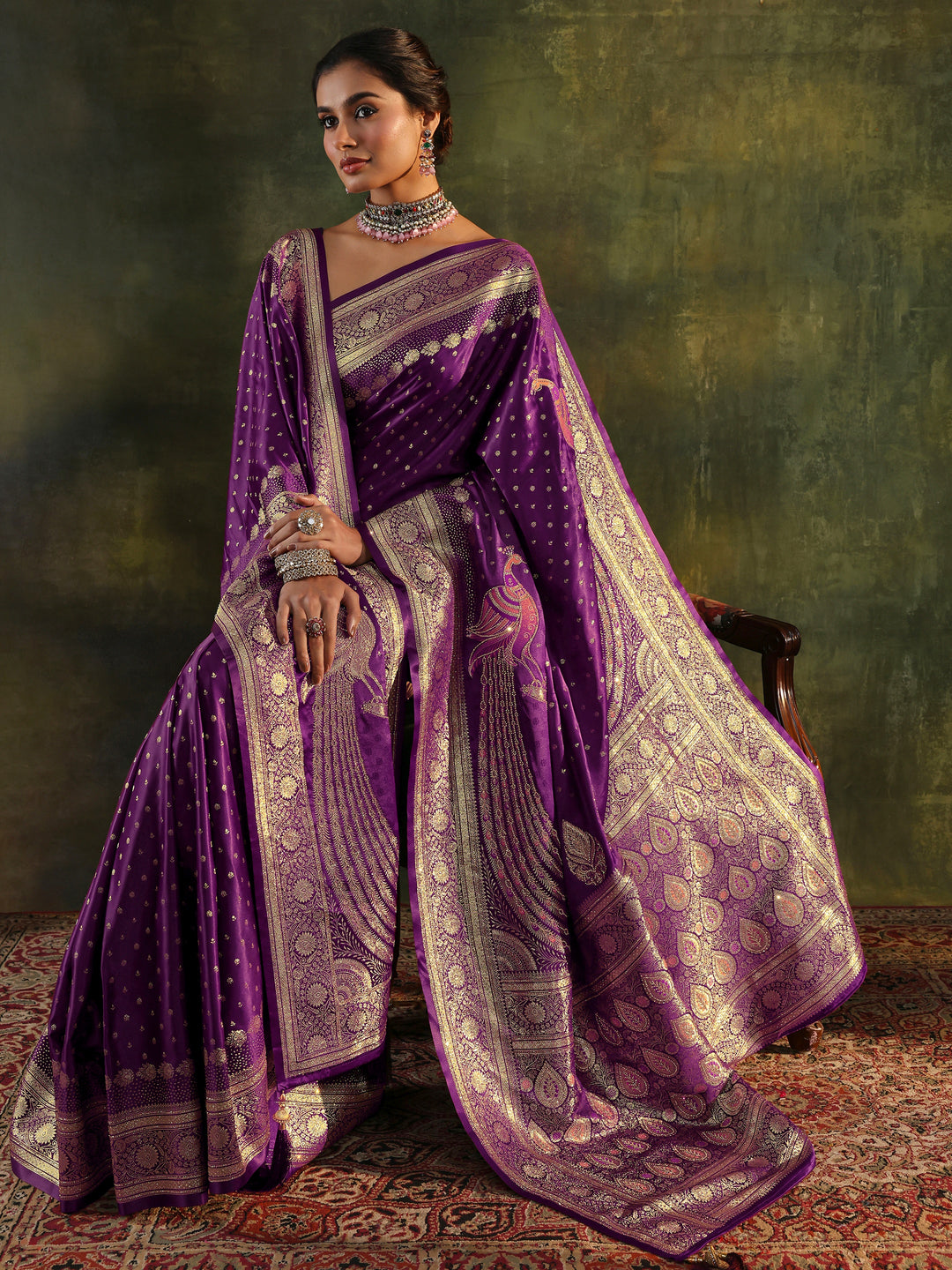  Purple Embellished  Silk Saree With Unstitched Blouse And Dupatta 