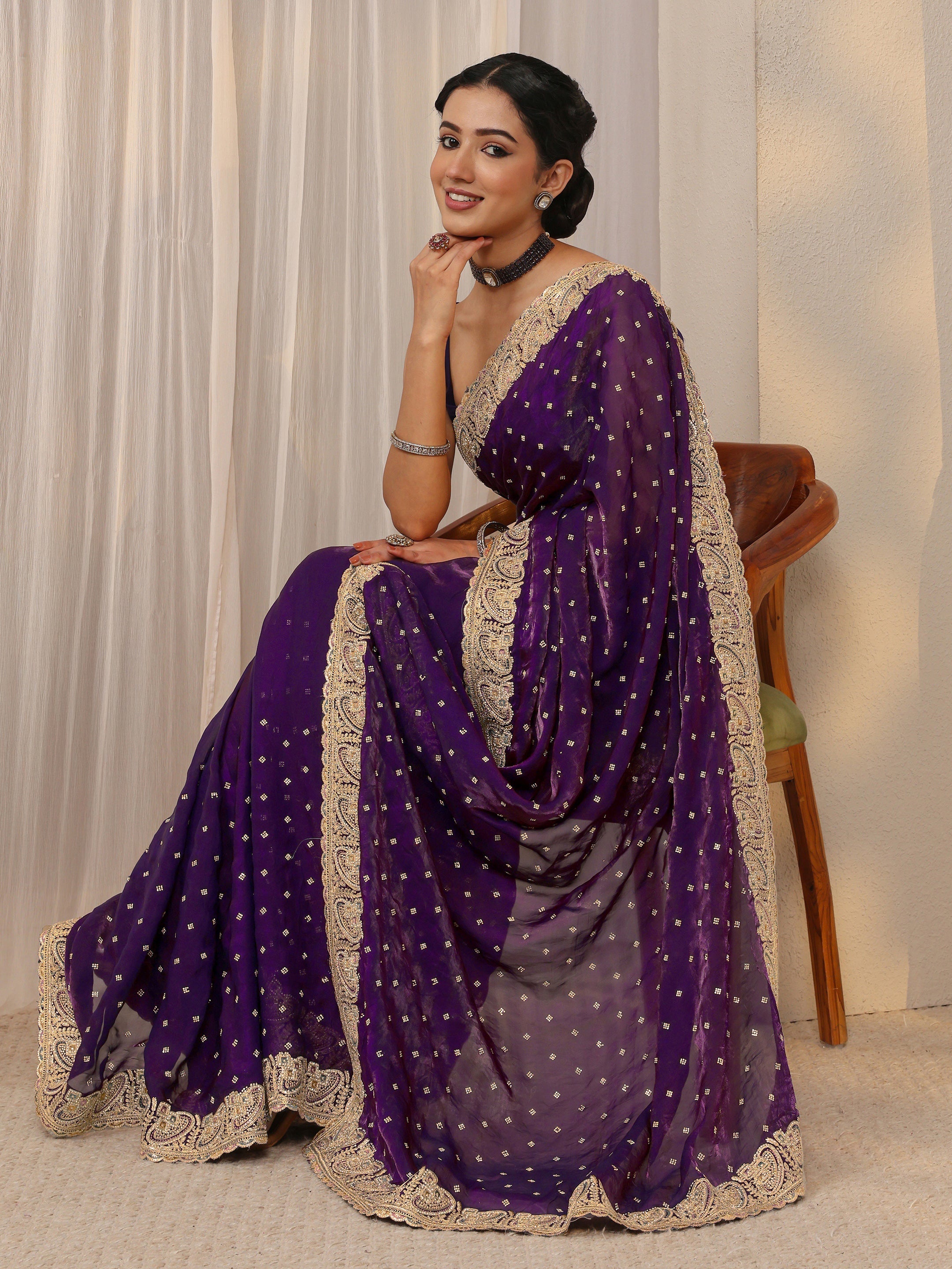 Purple Embellished Tissue Saree With Unstitched Blouse Piece-image-17