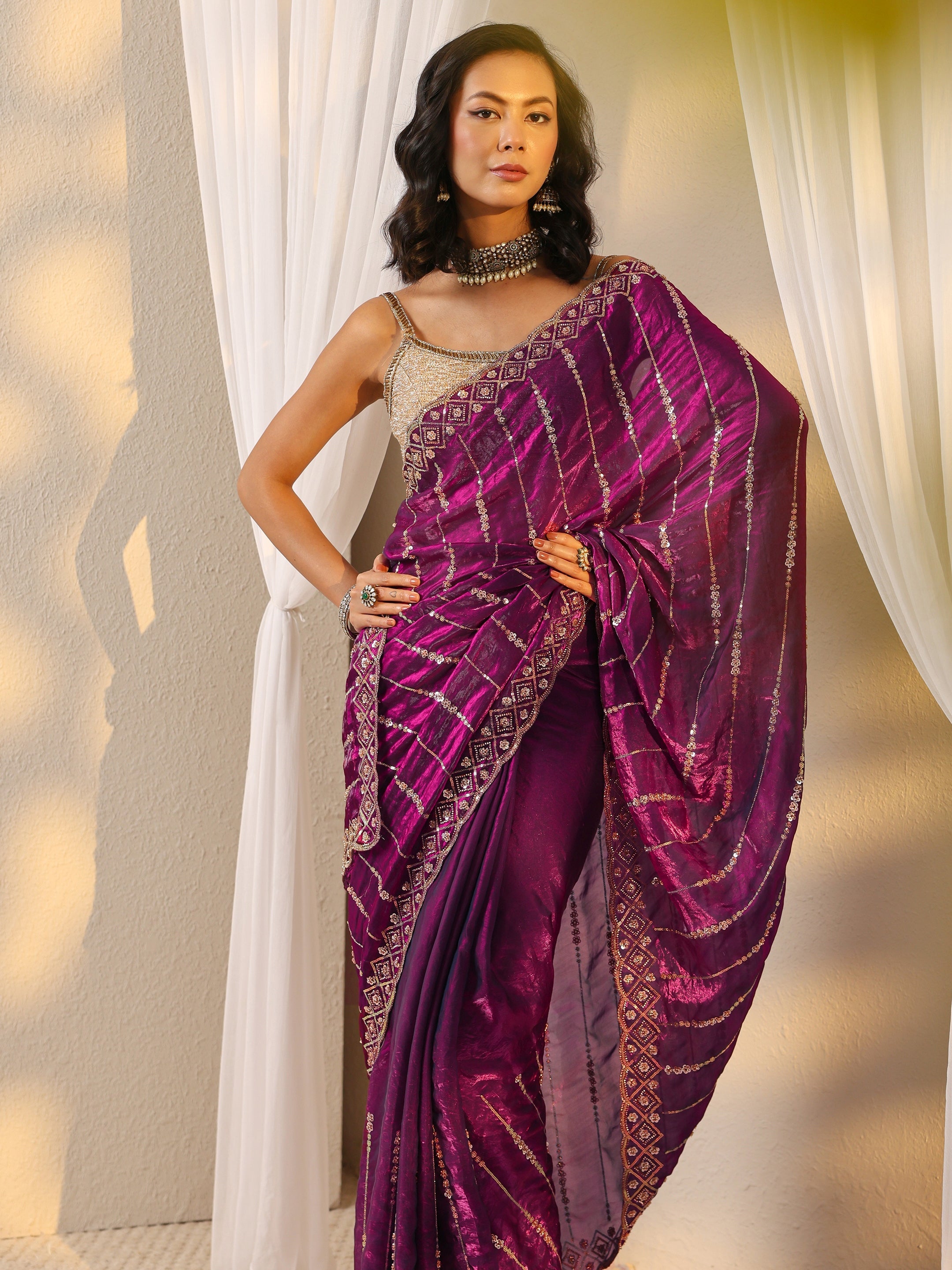 Purple Embellished Tissue Saree With Unstitched Blouse Piece-image-22