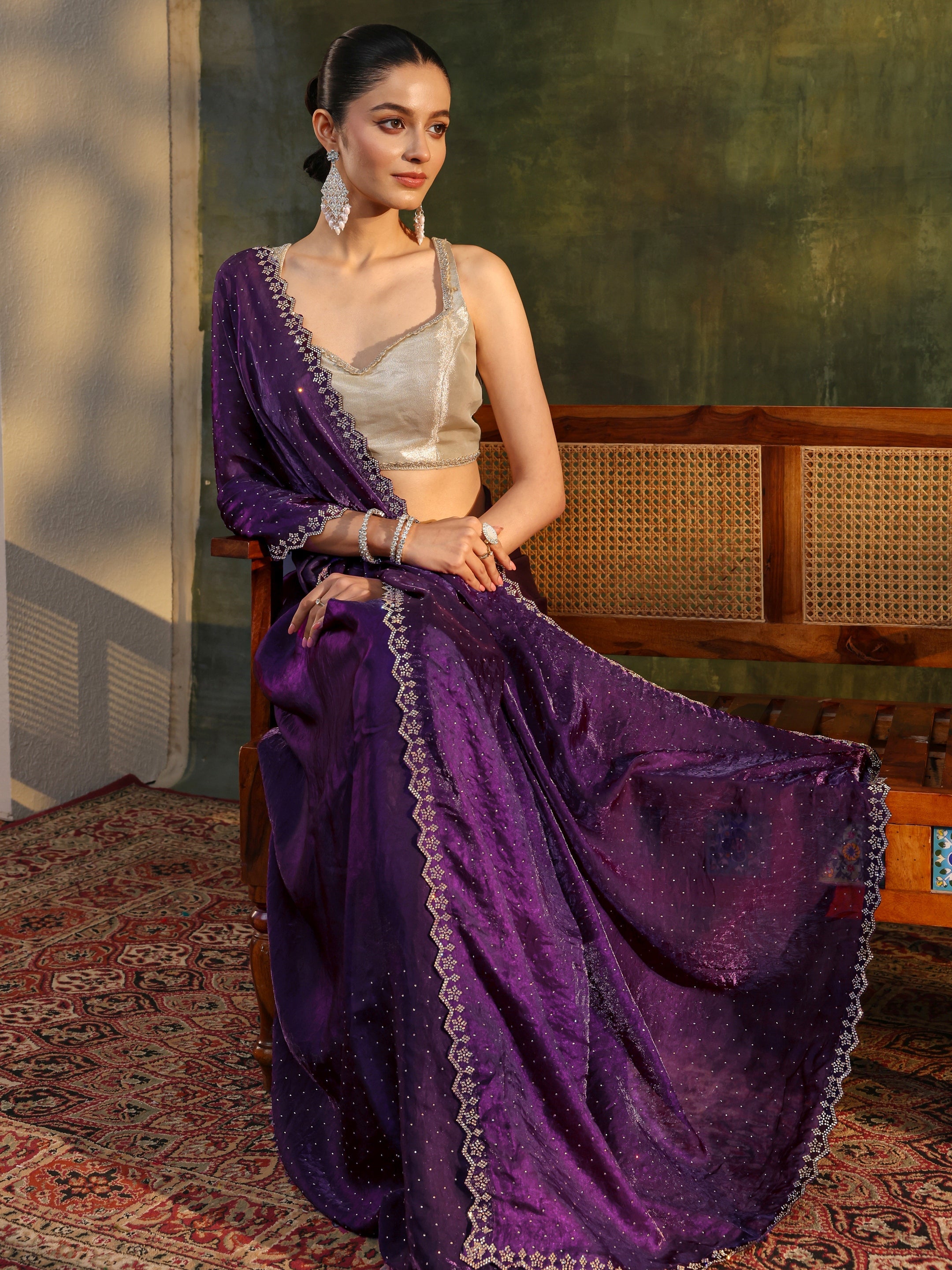 Purple Embellished Tissue Saree With Unstitched Blouse Piece-image-23