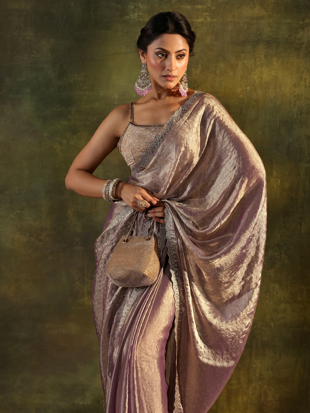 Purple Embellished Tissue Saree With Unstitched Blouse Piece