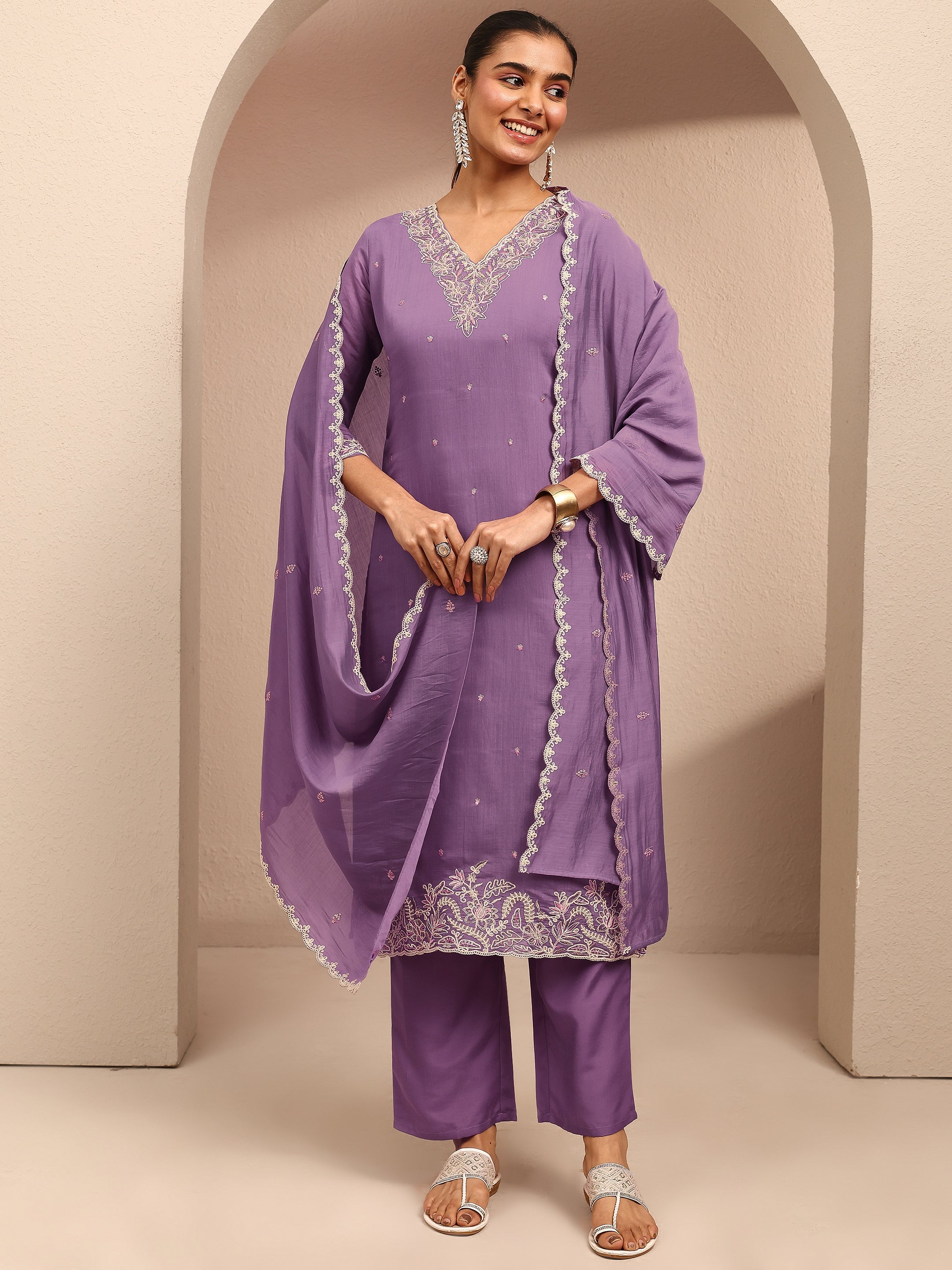libas Purple Embroidered Chanderi Cotton Straight Suit Set With Dupatta-picture-25
