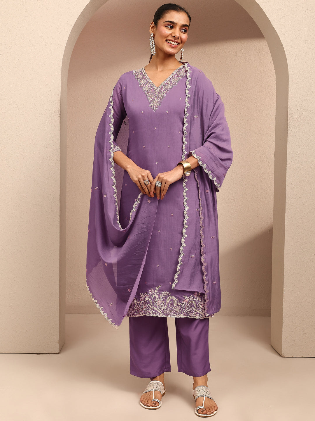 Purple Embroidered Chanderi Cotton Straight Suit Set With Dupatta