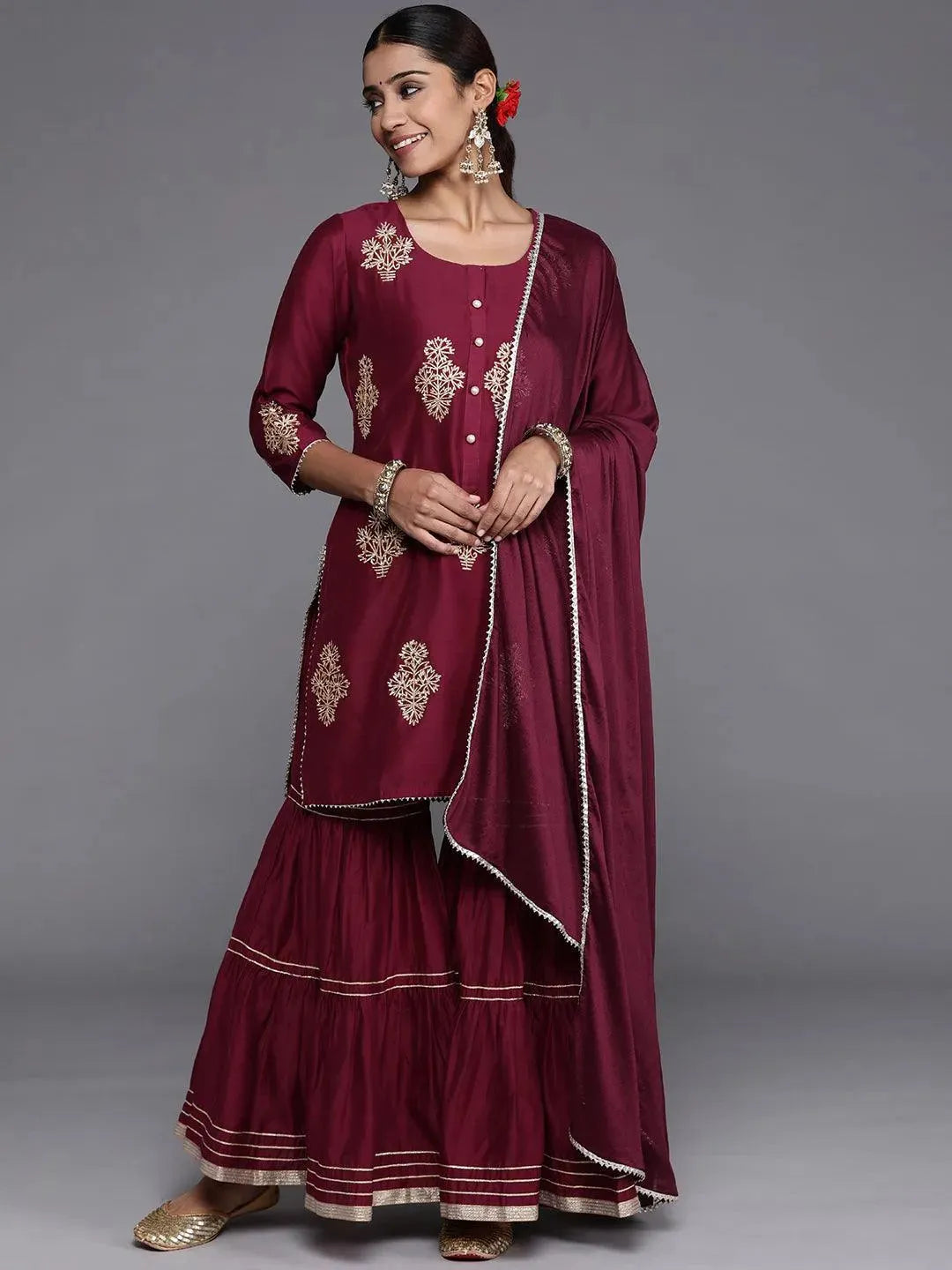 Purple Embroidered Chanderi Silk Straight Suit Set - Libas