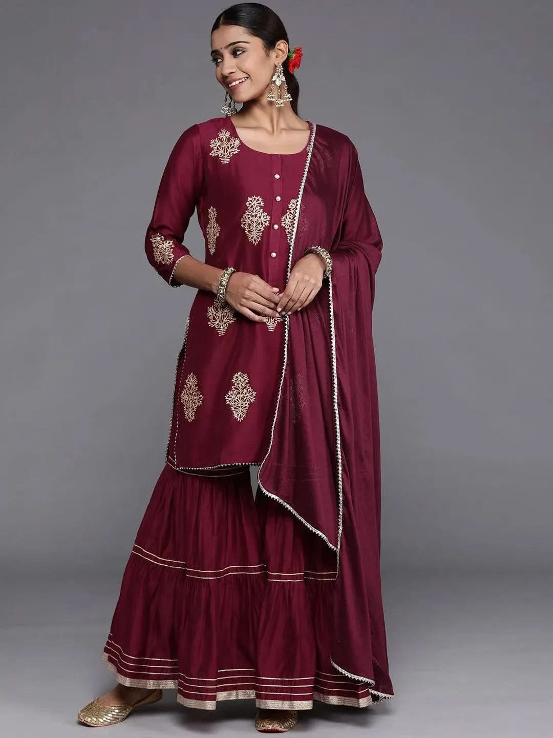 

Purple Embroidered Chanderi Silk Straight Kurta With Sharara & Dupatta