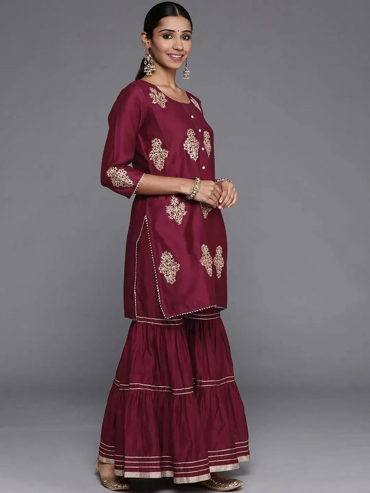 Purple Embroidered Chanderi Silk Straight Suit Set - Libas