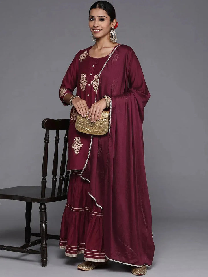 Purple Embroidered Chanderi Silk Straight Suit Set - Libas