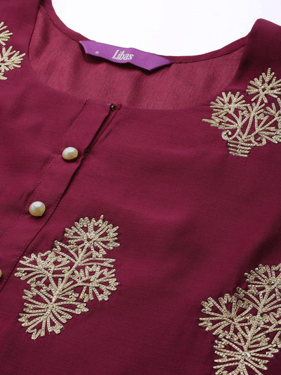 Purple Embroidered Chanderi Silk Straight Suit Set - Libas