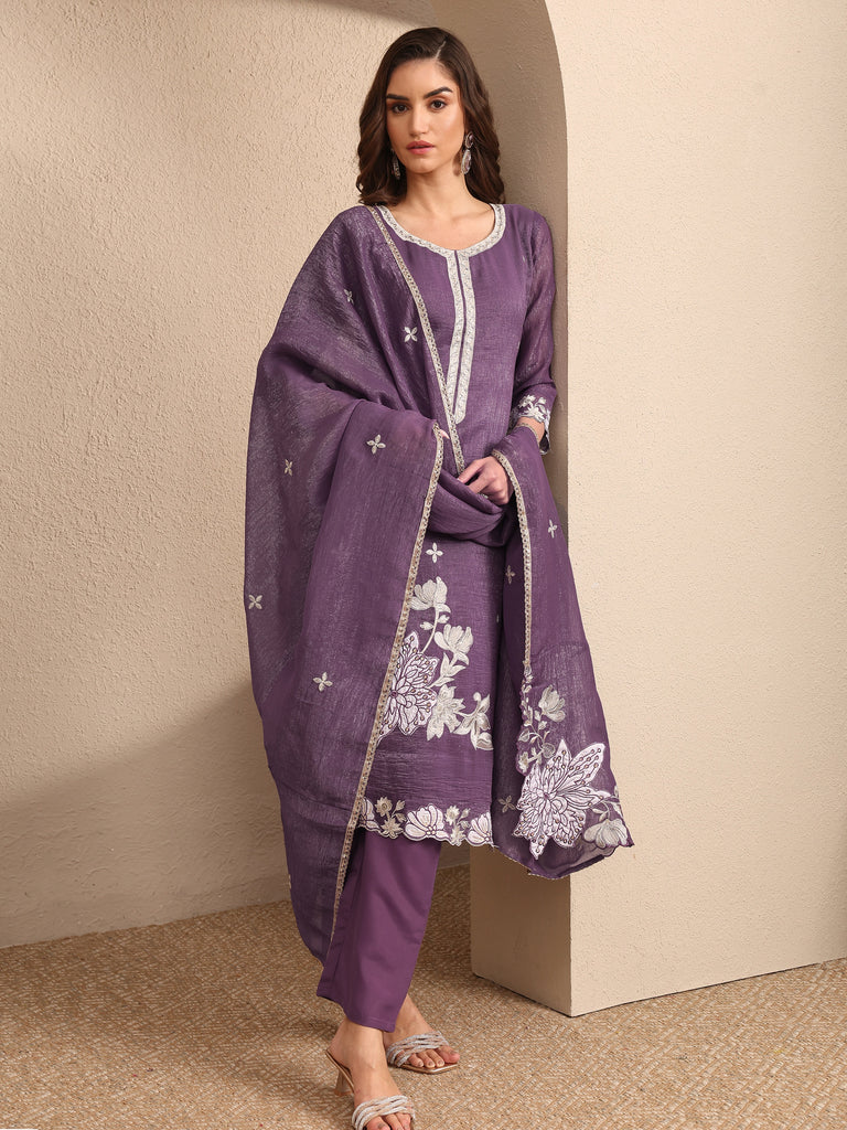 Libas Purple Embroidered Chinon Straight Suit Set With Dupatta