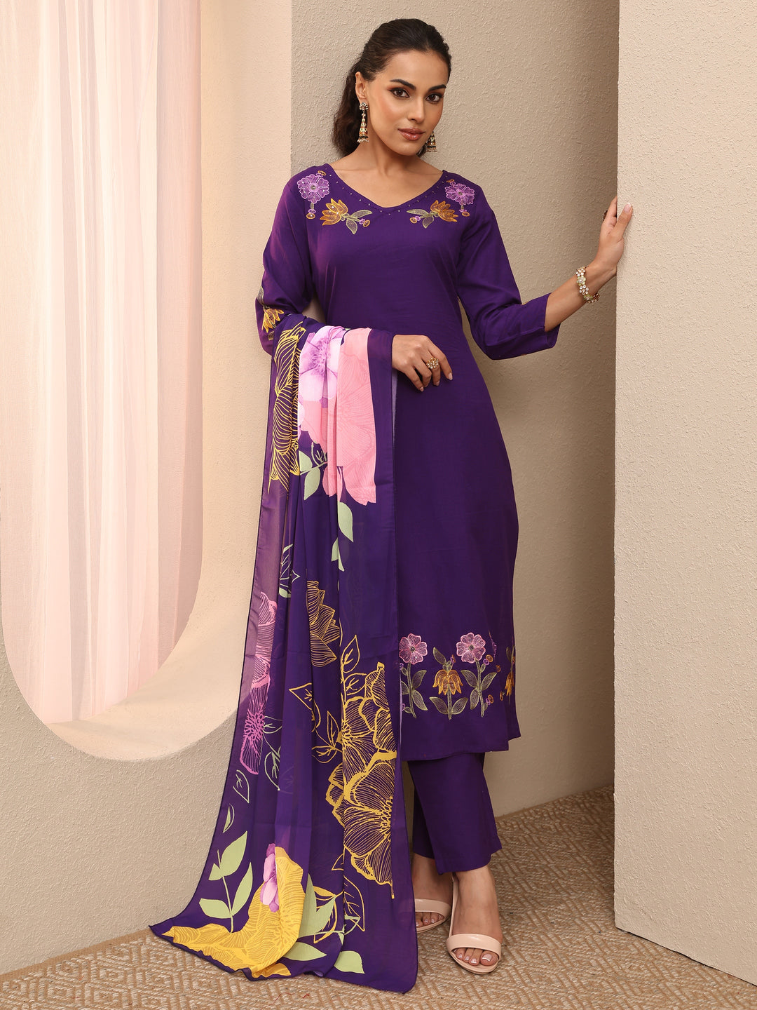  Purple Embroidered Cotton Straight Suit Set With Dupatta 