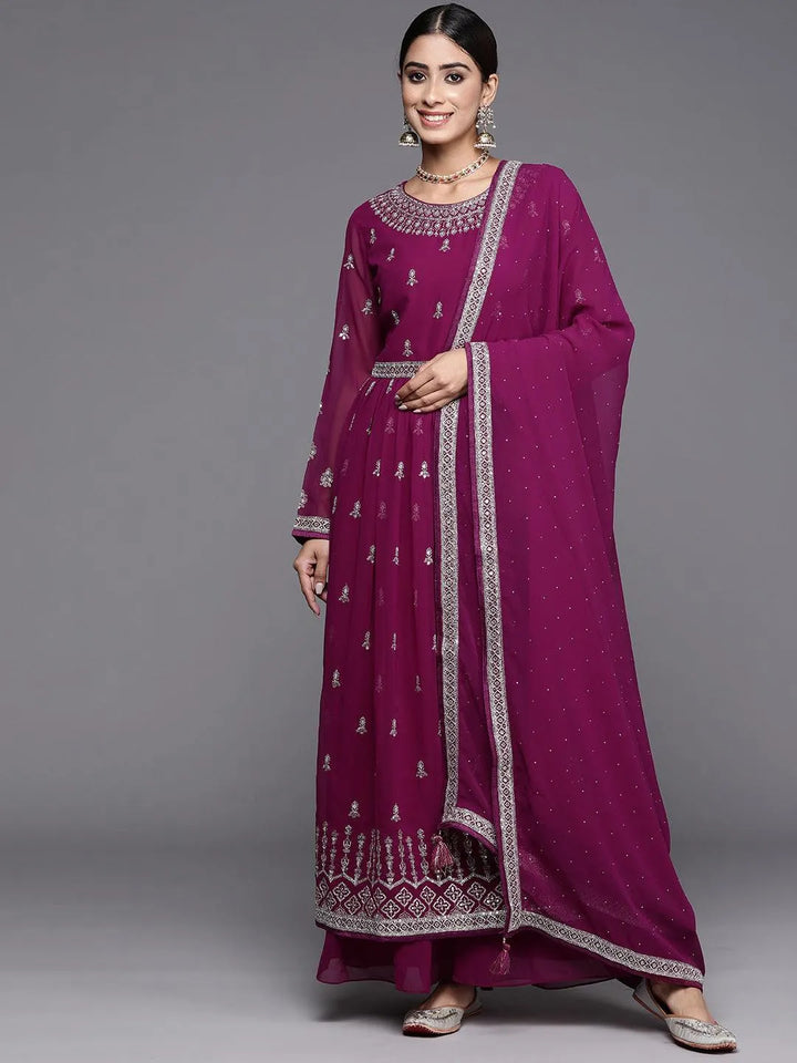 Purple Embroidered Georgette A-Line Kurta With Palazzos & Dupatta - Libas