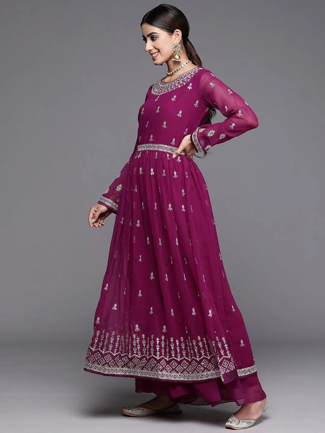 Purple Embroidered Georgette A-Line Kurta With Palazzos & Dupatta - Libas 