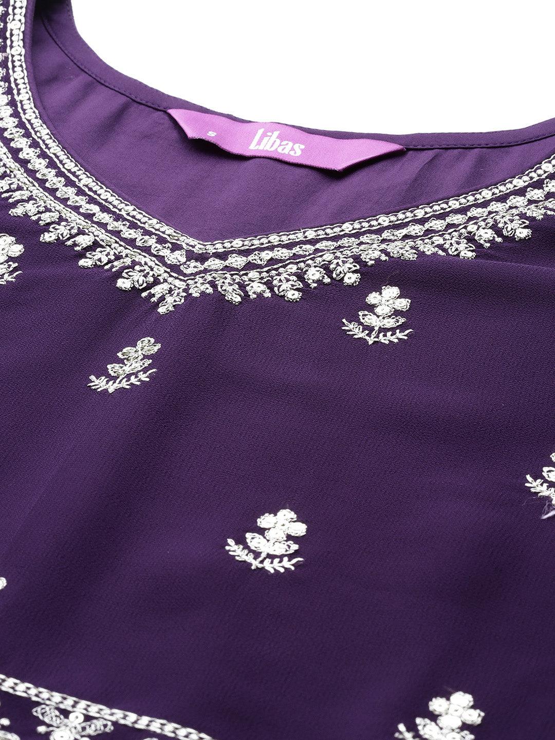 Purple Embroidered Georgette A-Line Kurta With Palazzos & Dupatta