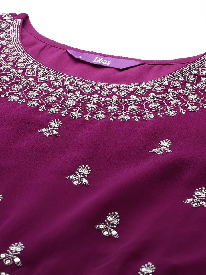 Purple Embroidered Georgette A-Line Kurta With Palazzos & Dupatta - Libas