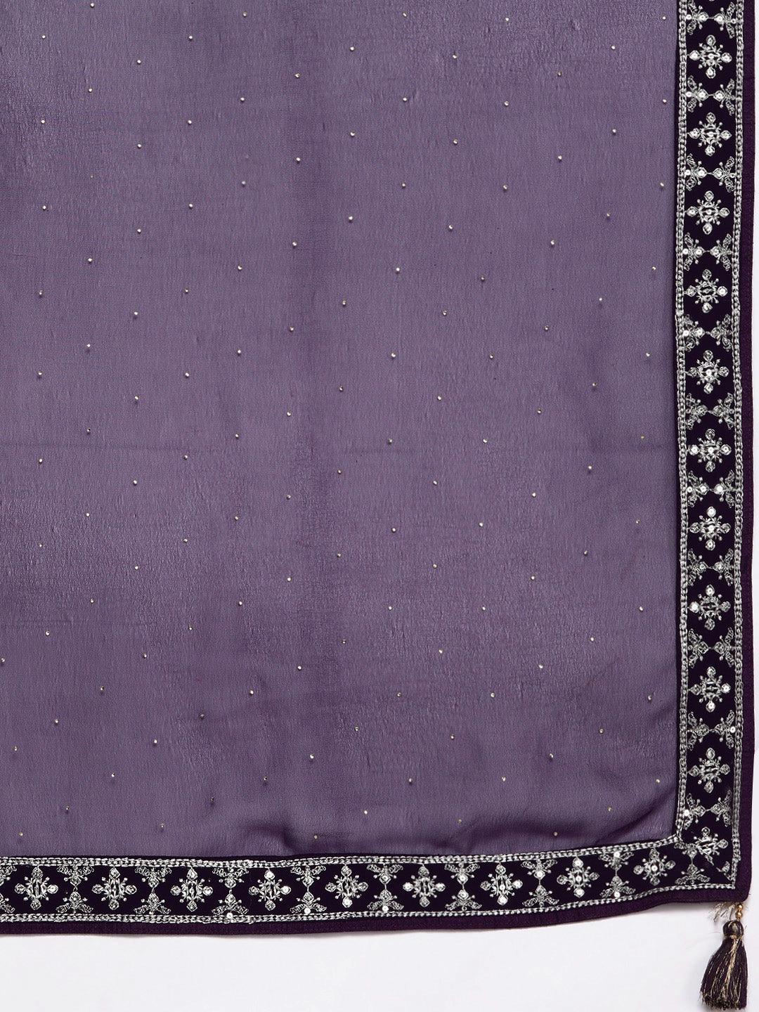 Purple Embroidered Georgette A-Line Kurta With Palazzos & Dupatta