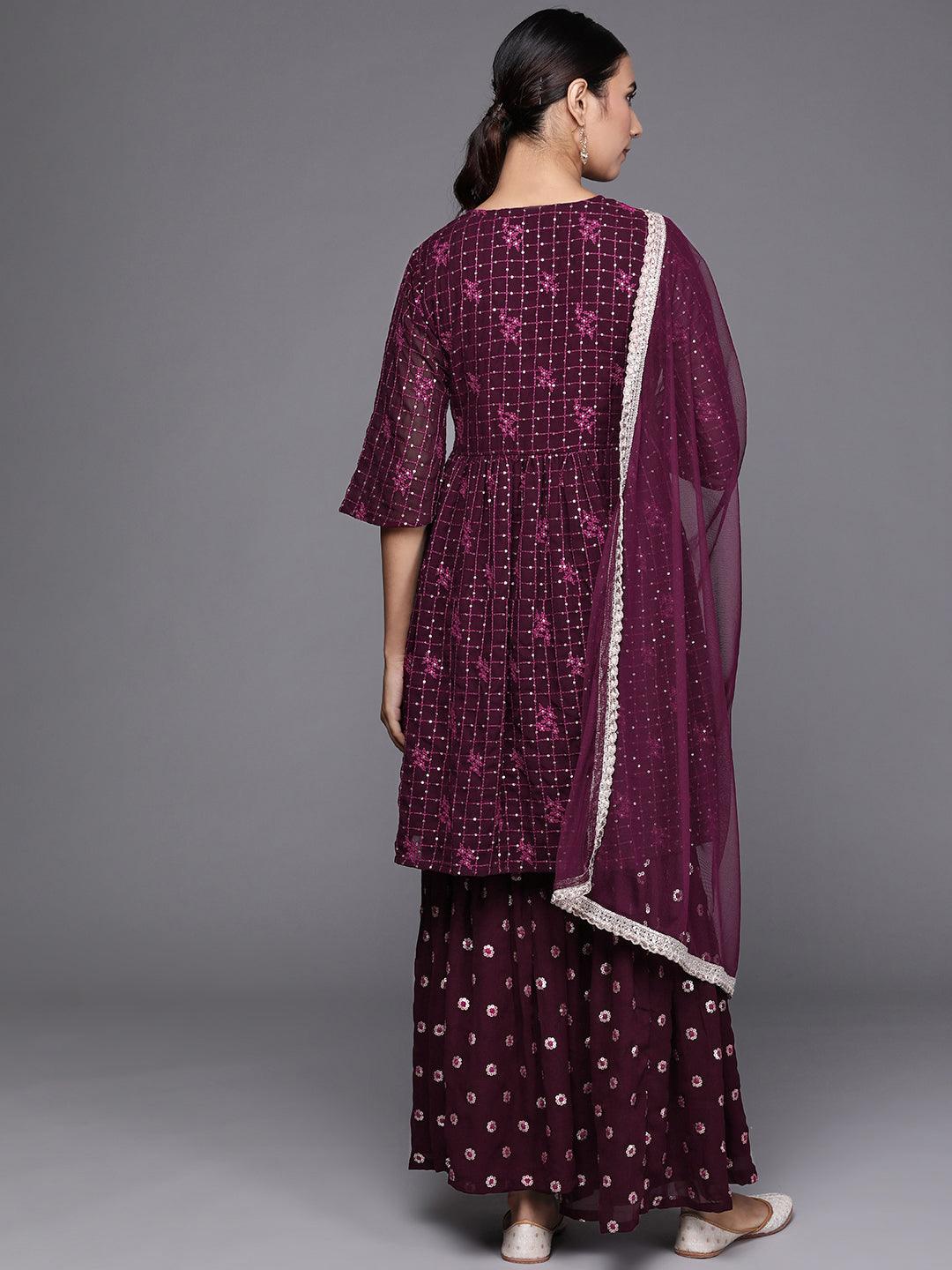 Purple Embroidered Georgette A-Line Sharara Suit Set With Dupatta