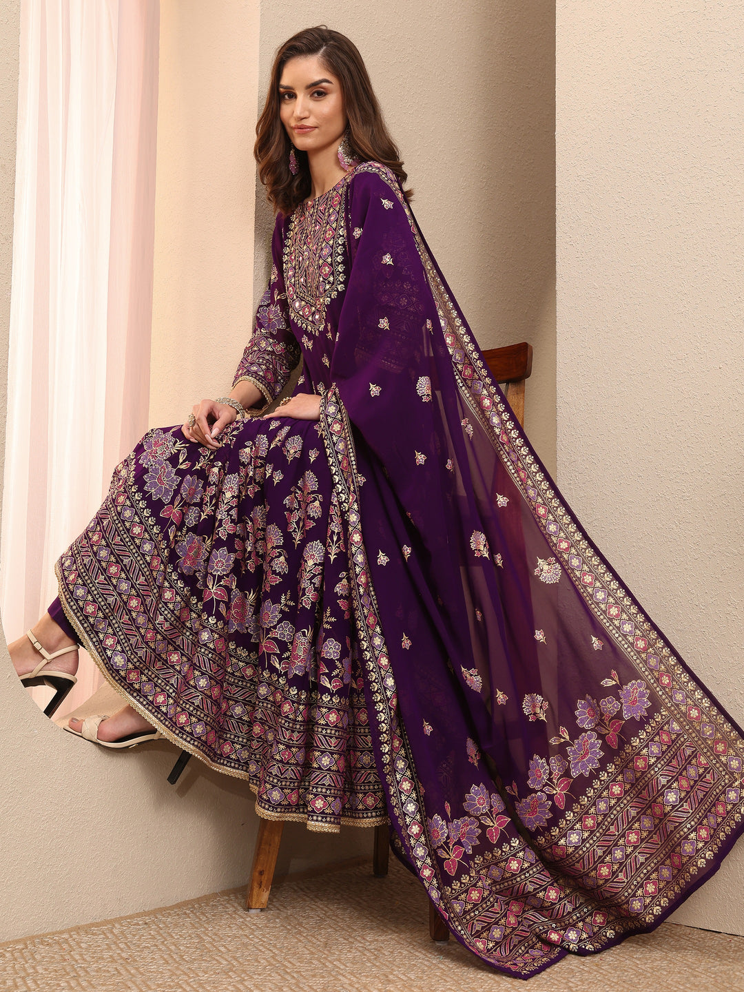 Purple Embroidered Georgette A-line Suit Set With Dupatta