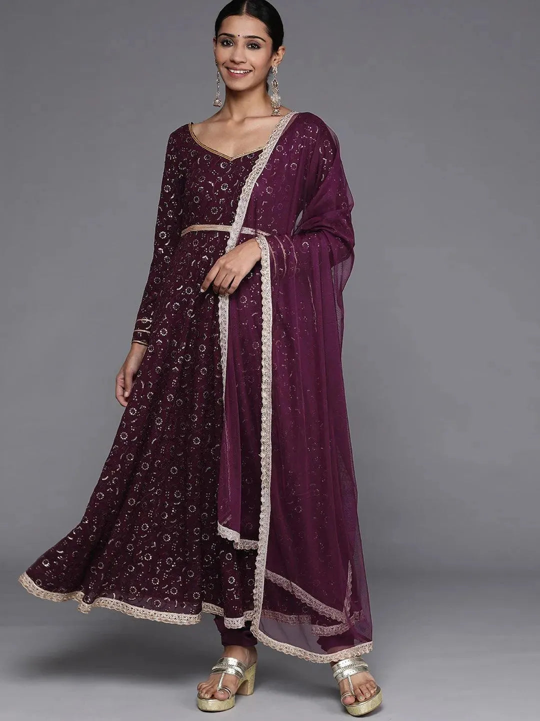 Purple Embroidered Georgette Anarkali Suit Set With Churidar - Libas