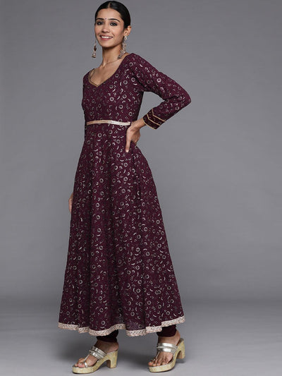 Purple Embroidered Georgette Anarkali Suit Set With Churidar - Libas