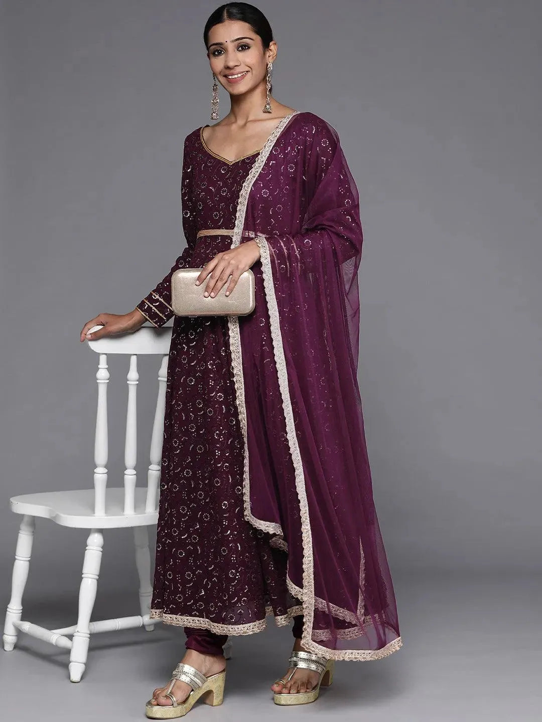Purple Embroidered Georgette Anarkali Suit Set With Churidar - Libas 