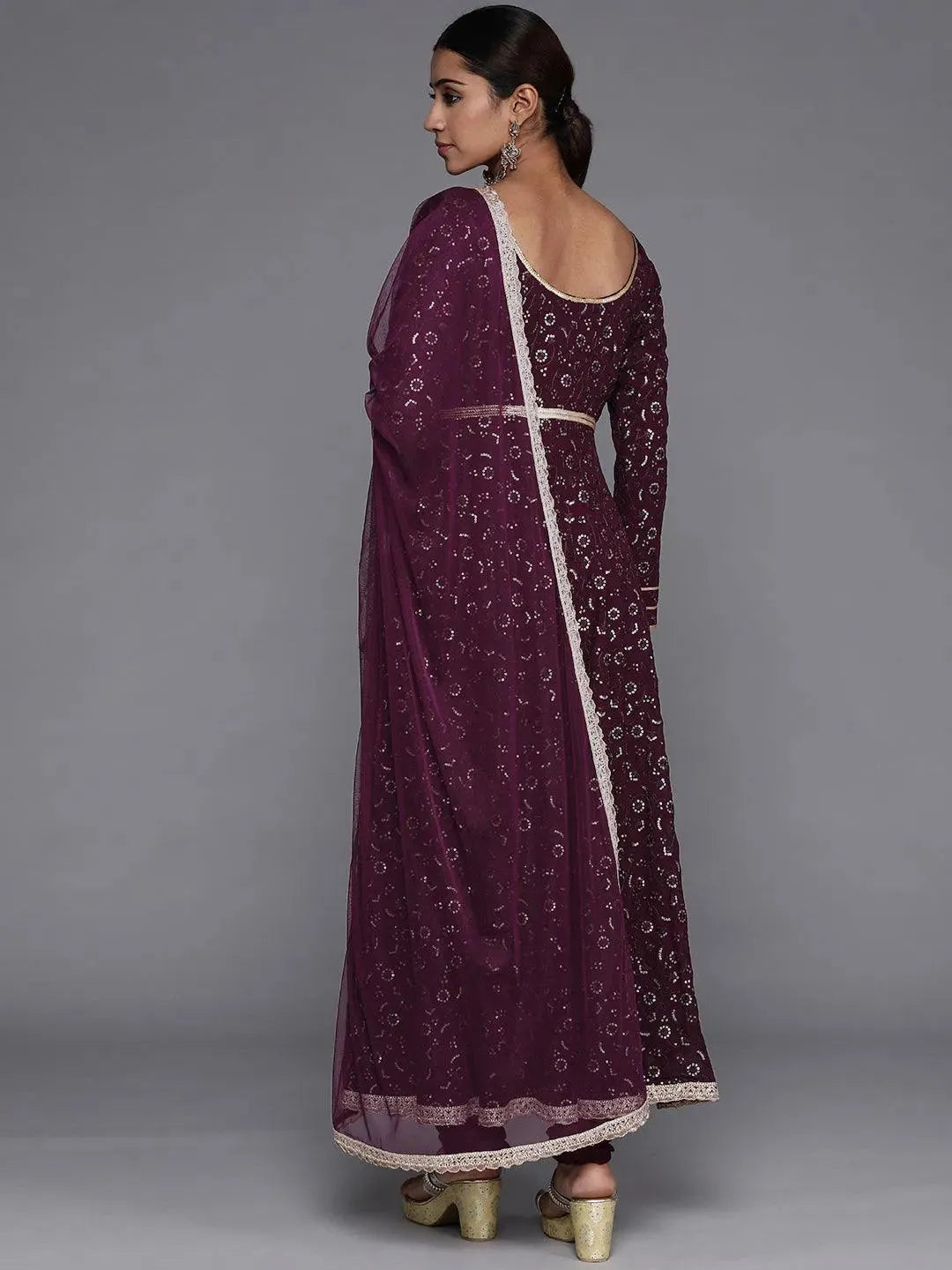 Purple Embroidered Georgette Anarkali Suit Set With Churidar - Libas