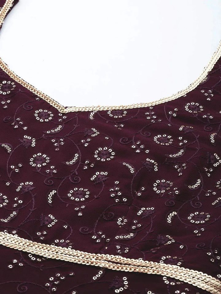 Purple Embroidered Georgette Anarkali Suit Set With Churidar - Libas