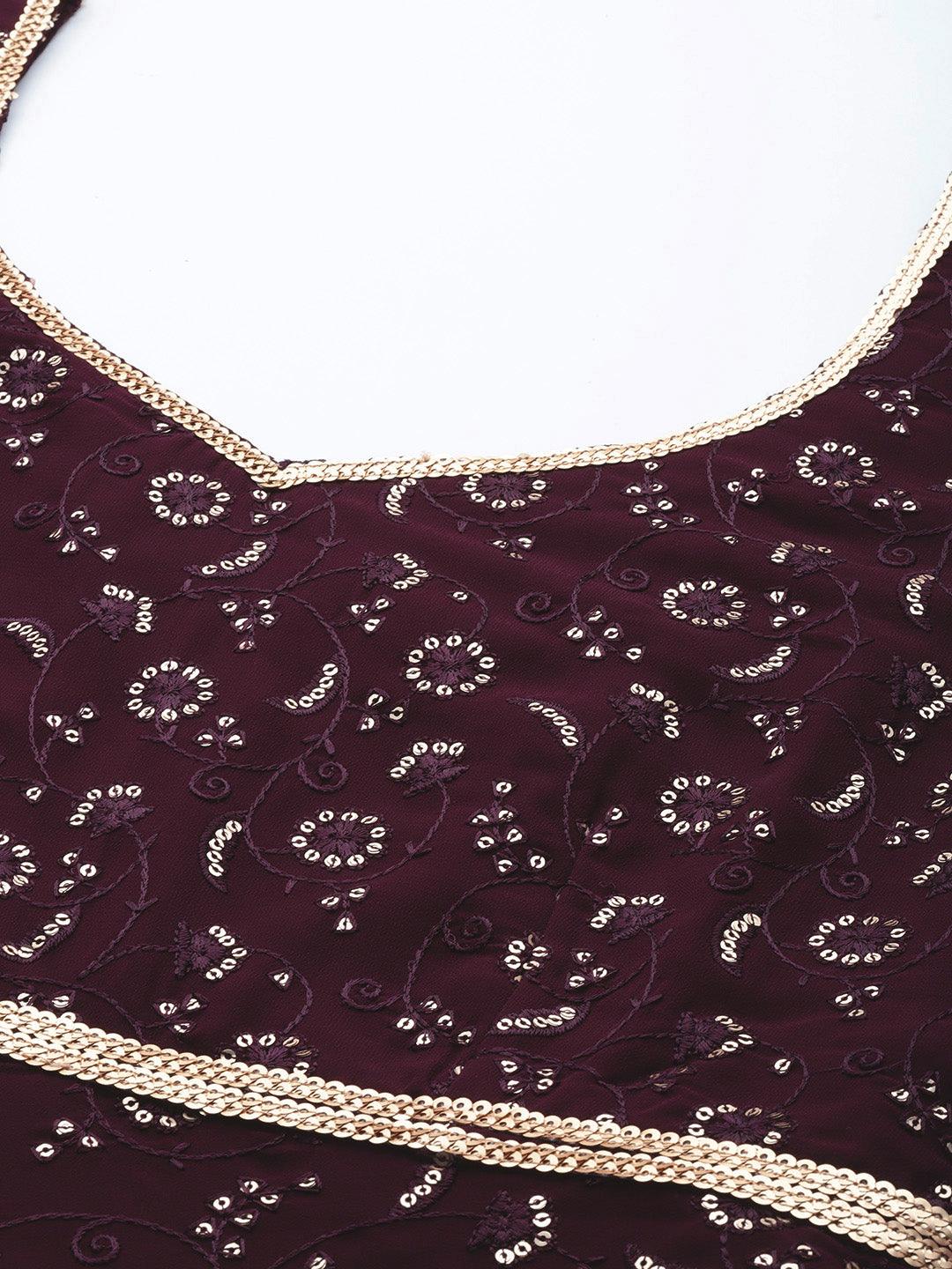 Purple Embroidered Georgette Anarkali Suit Set With Churidar - Libas