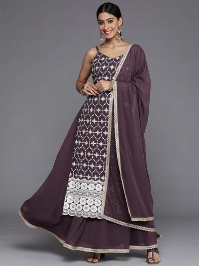 Purple Embroidered Georgette Straight Suit Set With Skirt - Libas