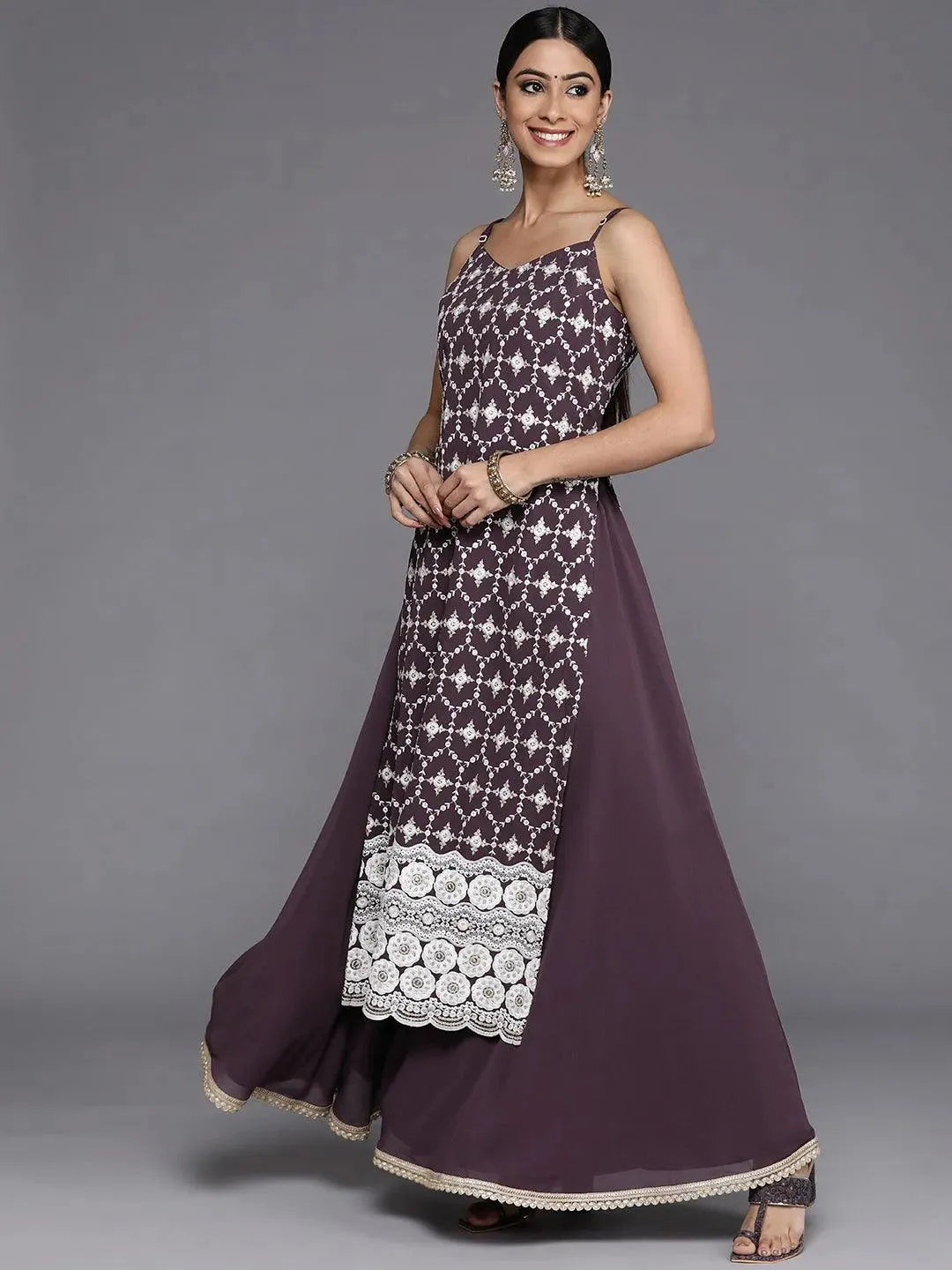 Purple Embroidered Georgette Straight Suit Set With Skirt - Libas