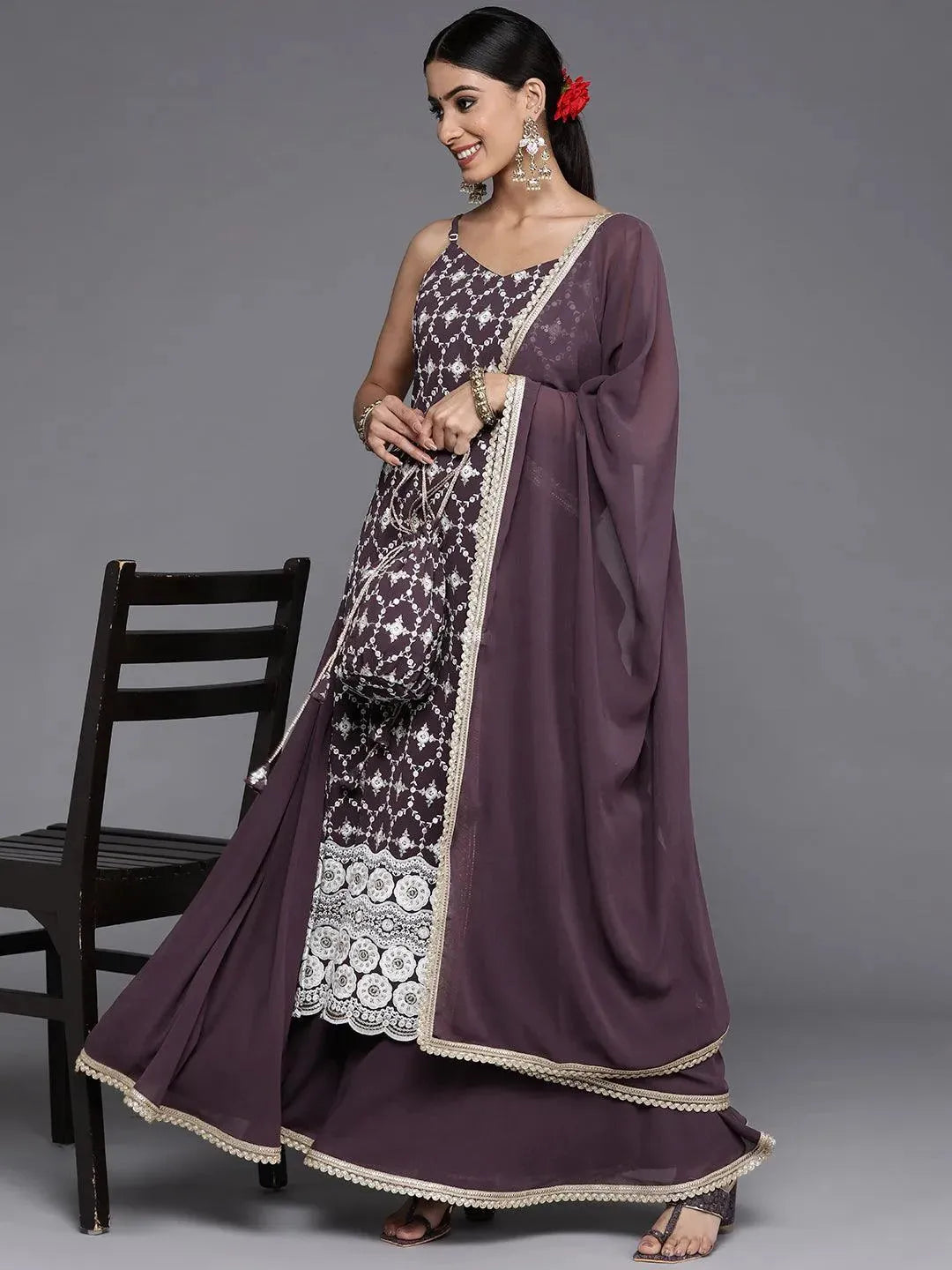 Purple Embroidered Georgette Straight Suit Set With Skirt - Libas 