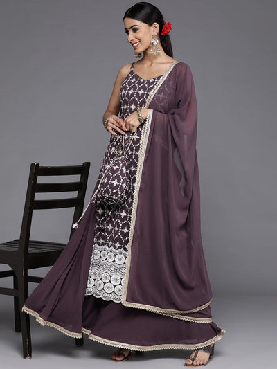 Purple Embroidered Georgette Straight Suit Set With Skirt - Libas