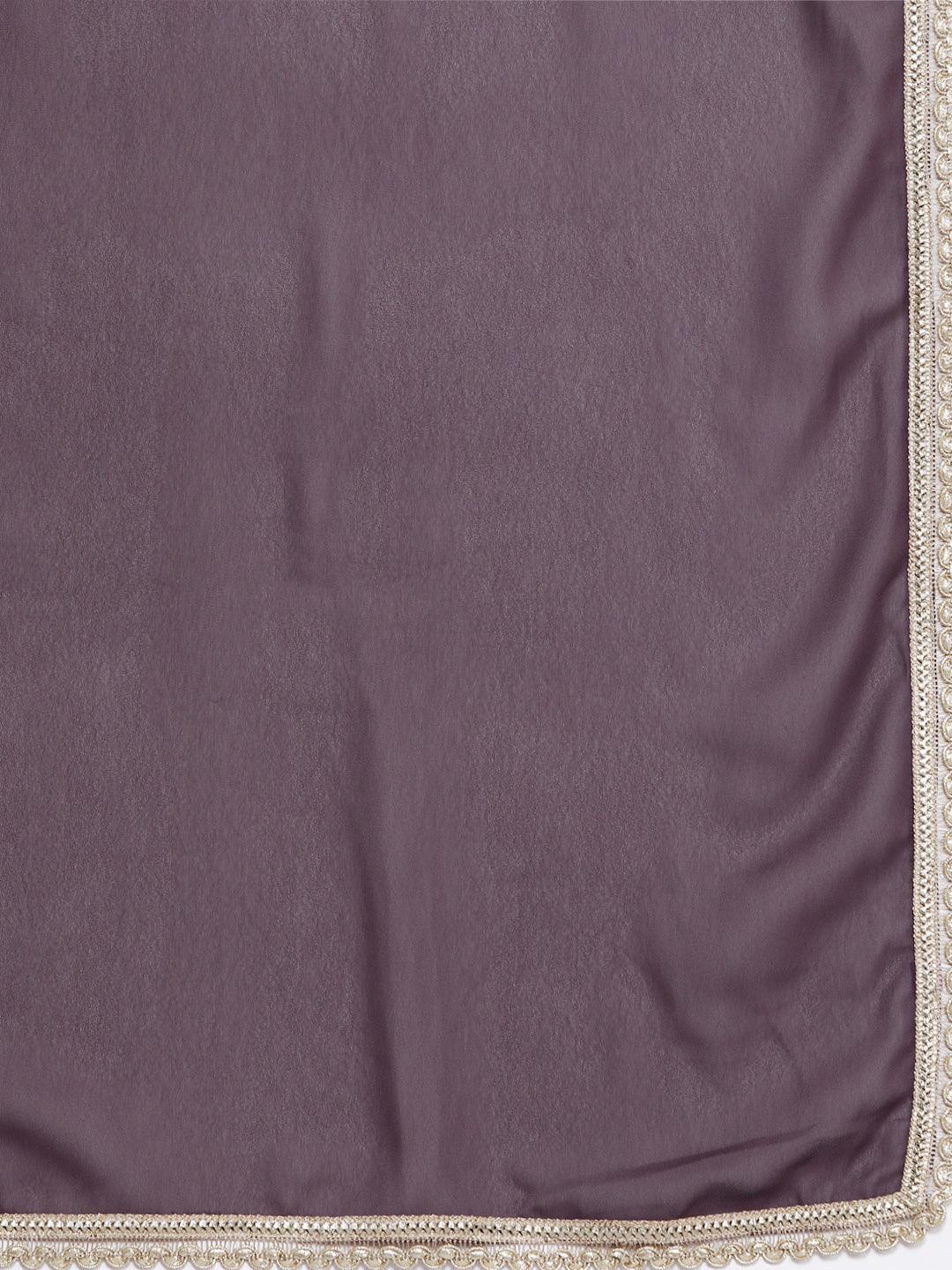 Purple Embroidered Georgette Straight Kurta With Skirt & Dupatta and Potli