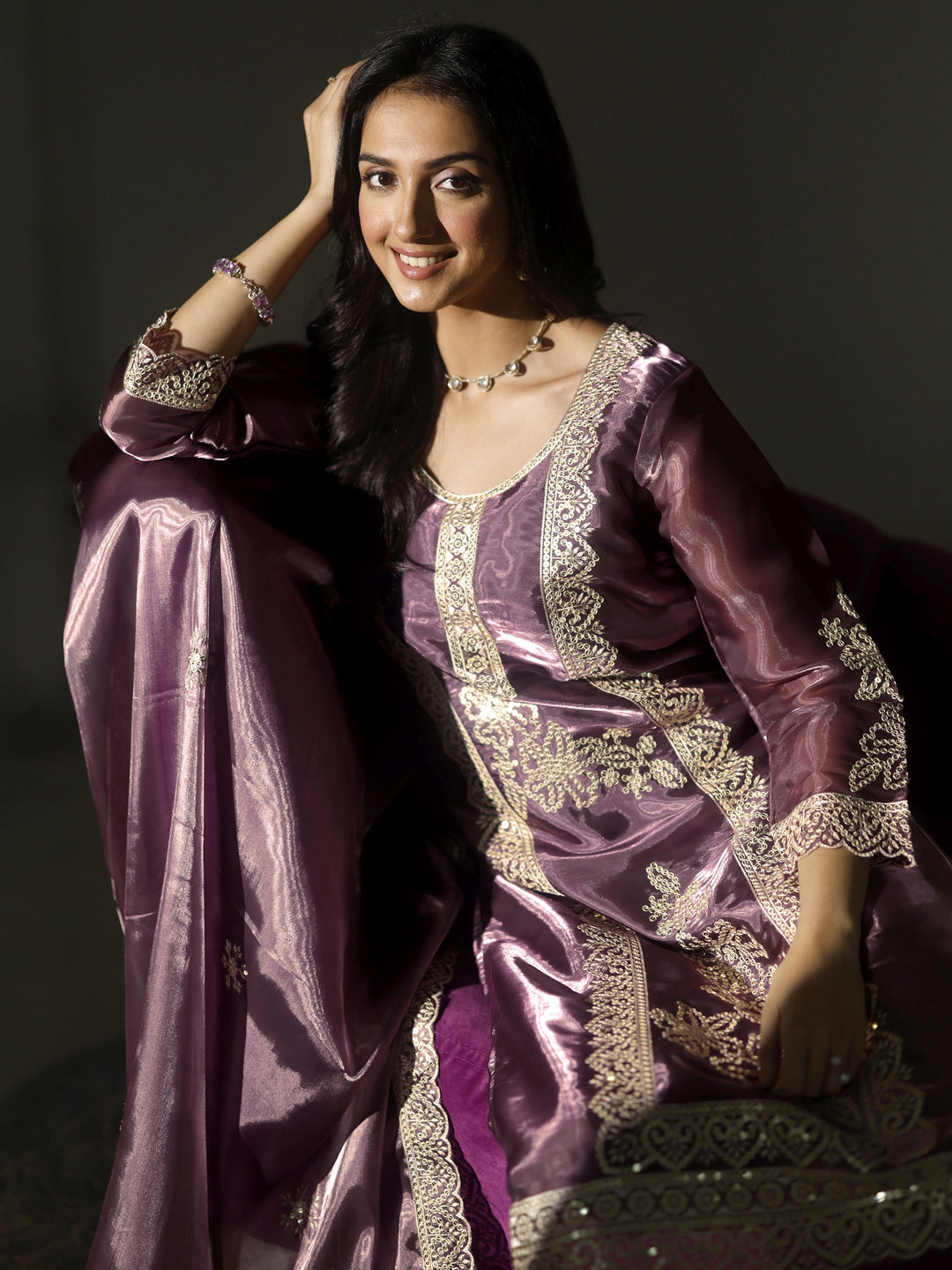 Purple Embroidered Organza Straight Suit Set With Dupatta