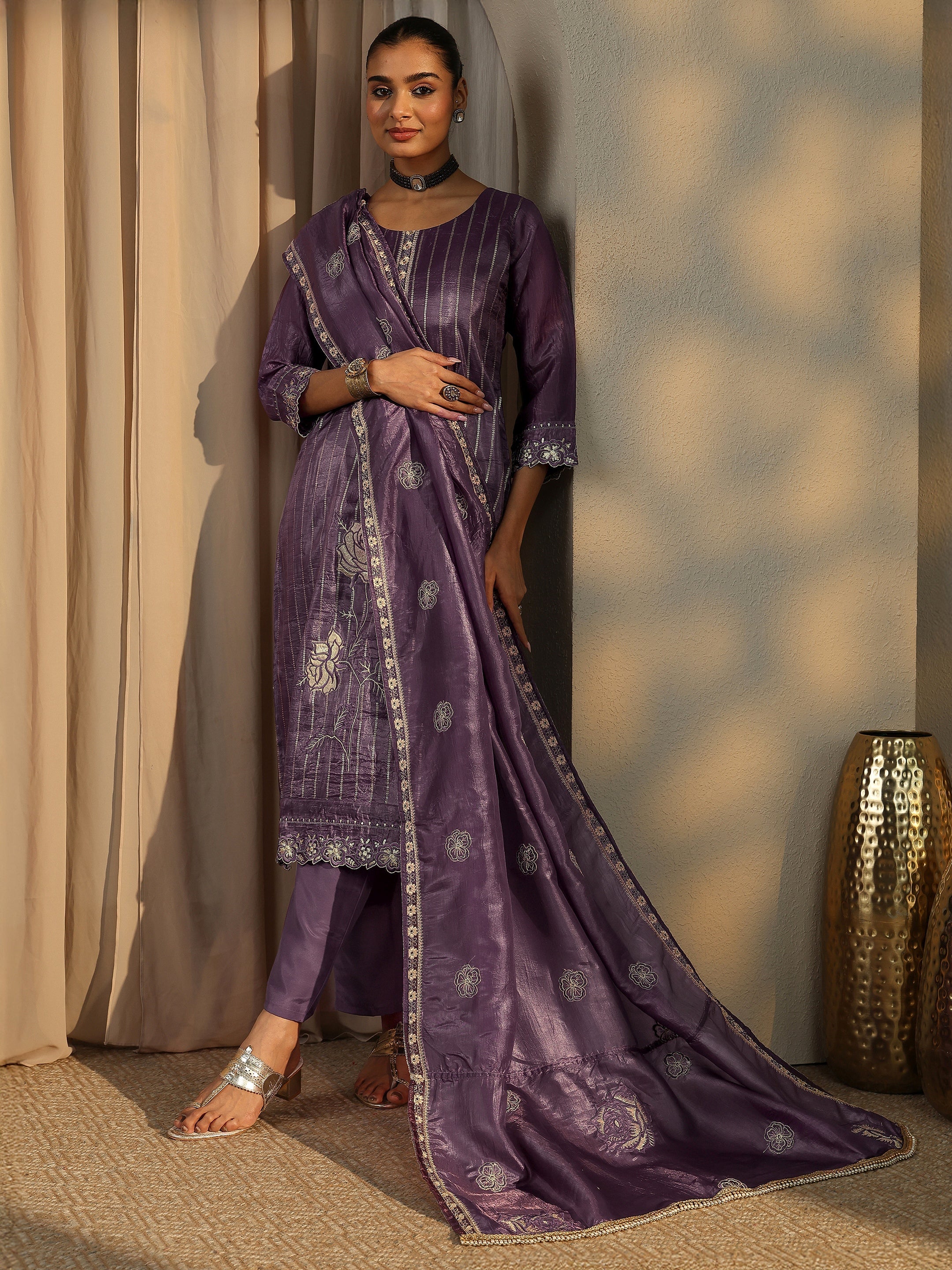 Purple Embroidered Organza Straight Suit Set With Dupatta-image-31