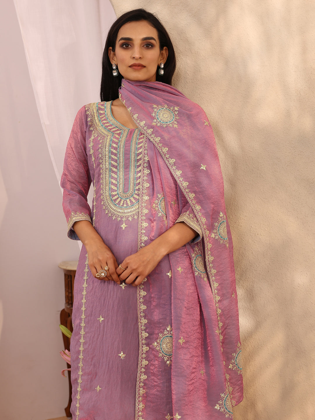 Purple Embroidered Organza Straight Suit Set With Dupatta