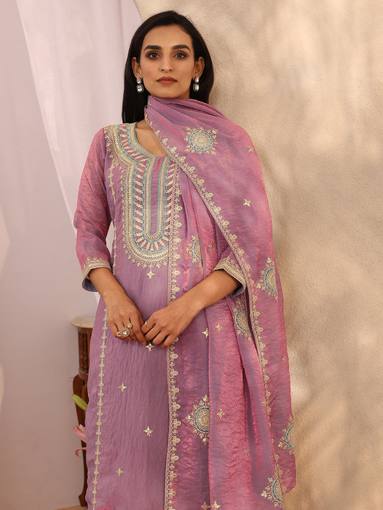 Libas Purple Embroidered Organza Straight Suit Set With Dupatta