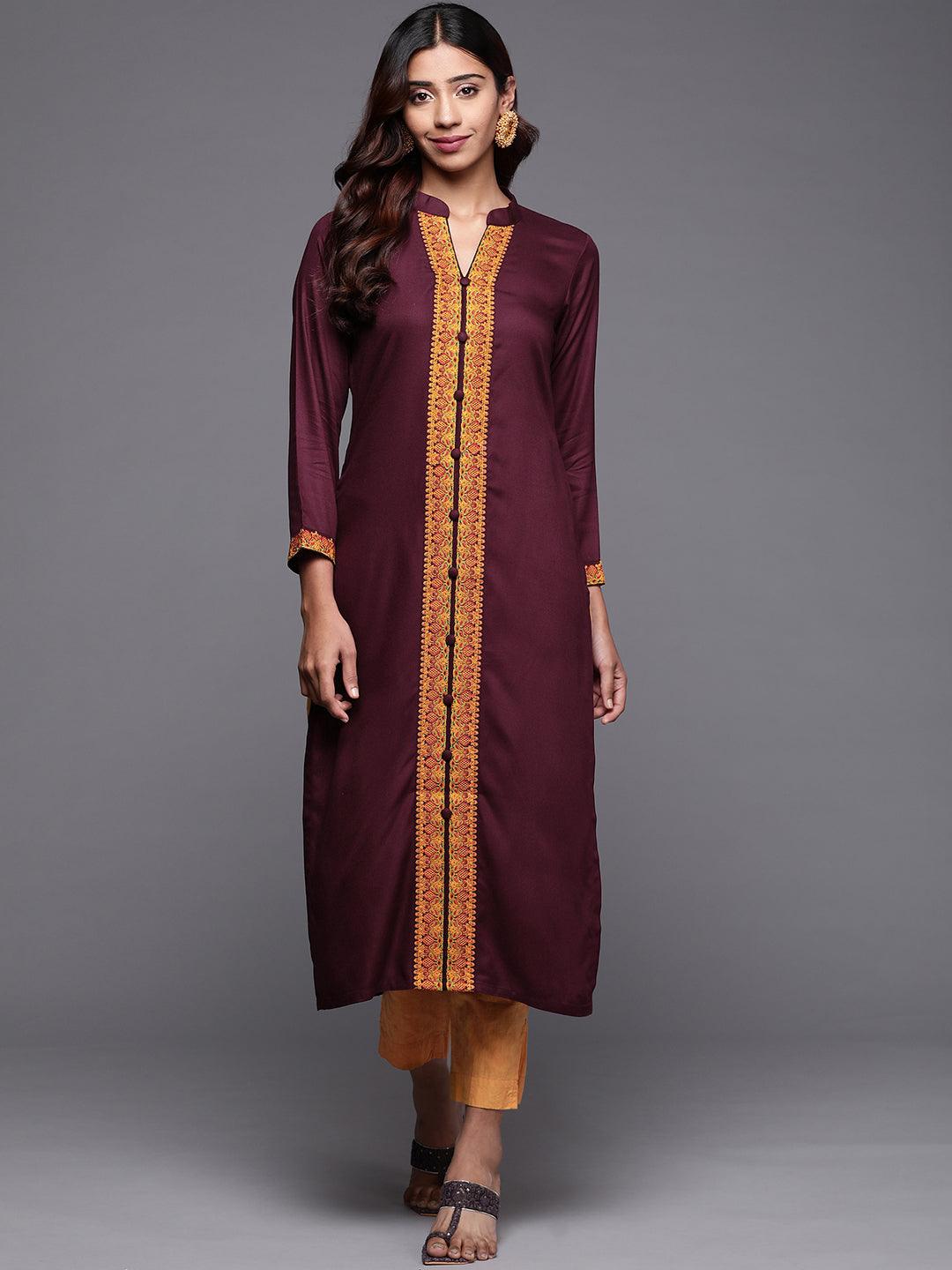 Purple Embroidered Pashmina Wool Straight Kurta - Libas