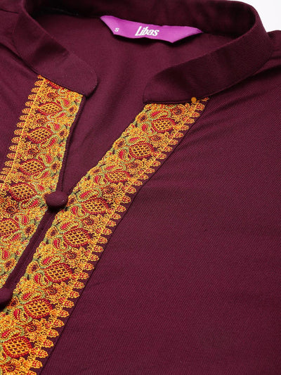 Purple Embroidered Pashmina Wool Straight Kurta - Libas